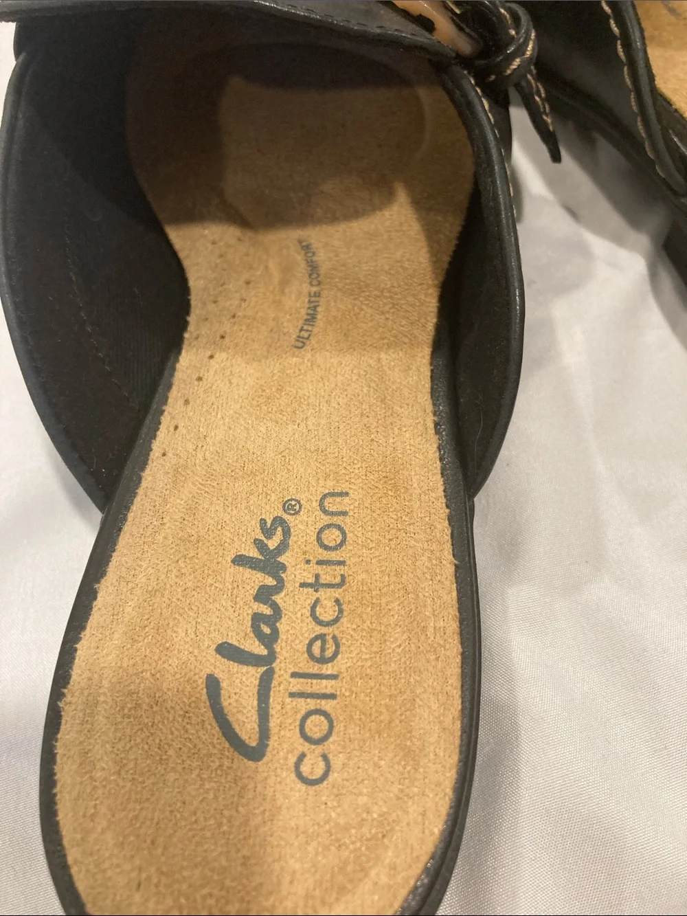 Clarks Black Leather Buckle Mule Flats